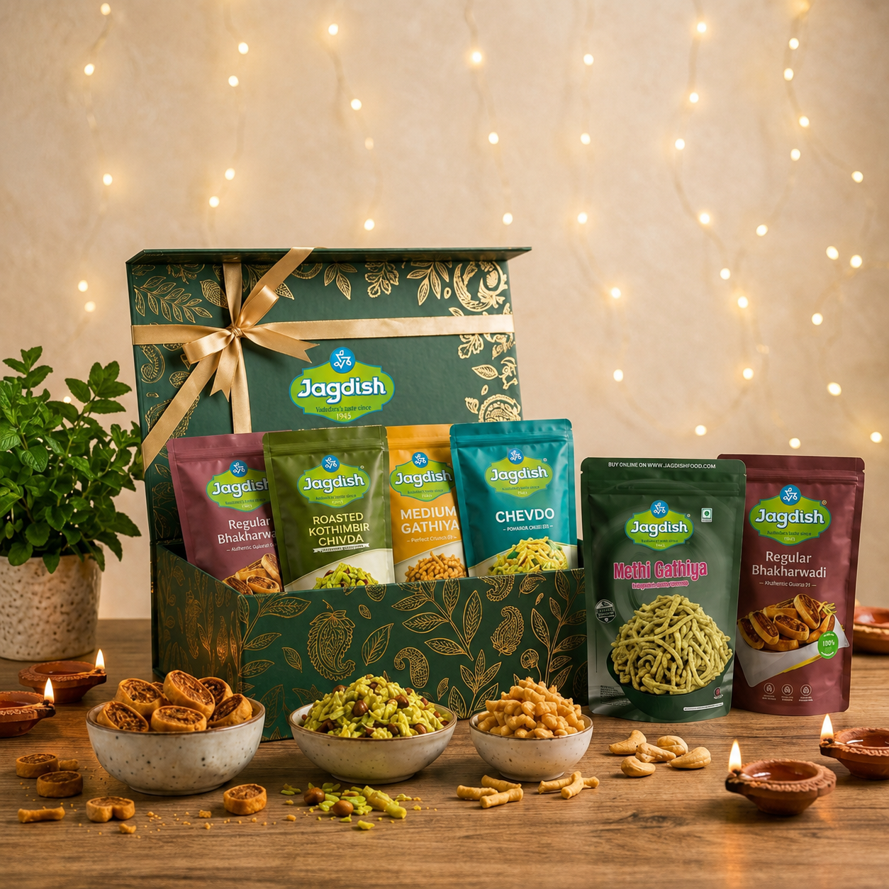 Jagdish Namkeen Hamper — Premium Gift Box with Bhakharwadi, Chevdo, Gathiya & more